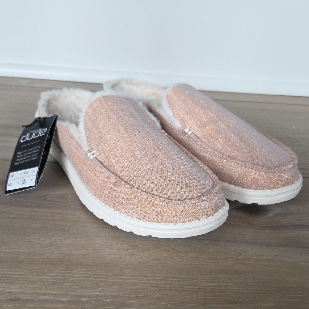 Hey Dude Lexi Sparkling Rose Gold Faux Fur Mule Shoes 11 New